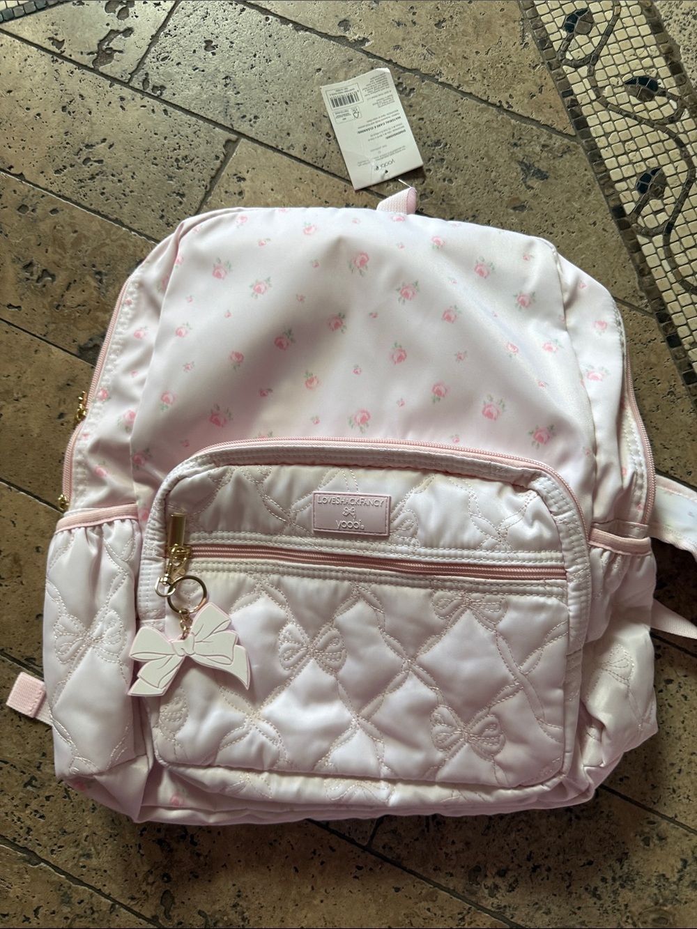 LoveShackFancy Light Pink Quilted Kids Backpack with Bow Charm